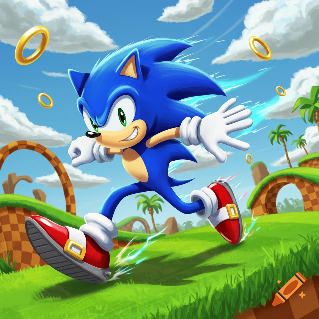 Sonic the Hedgehog runs quickly across a vibrant green grassy hill with golden rings floating under a blue sky.