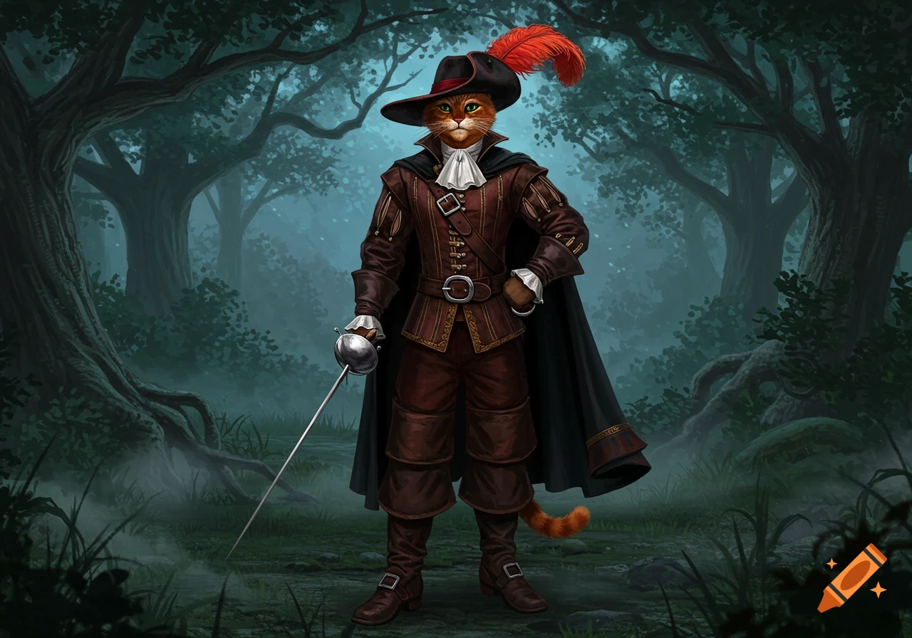A cat dressed as Puss in Boots, wearing a hat with a red feather and holding a sword, stands in a misty, dark forest.