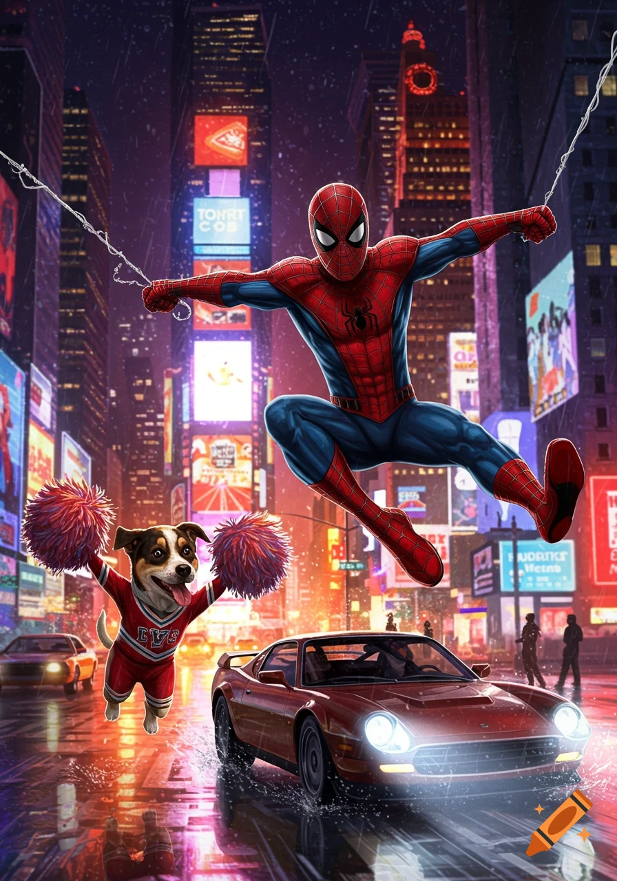 Spider-Man swings above a rainy New York City street at night, with a cheering dog in a cheerleader uniform, and a red sports car speeding below.