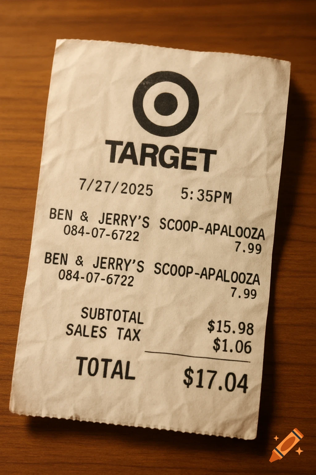 A crumpled Target receipt on a wooden table, showing a purchase of two Ben & Jerry's Scoop-apalooza items for a total of $17.04, dated 7/27/2025.