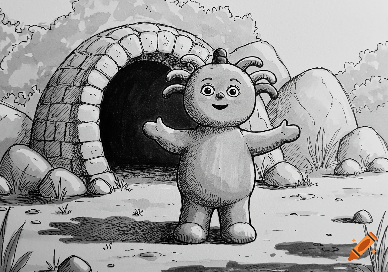 Black and white sketch of Makka Pakka standing with open arms in front of his stone cave.