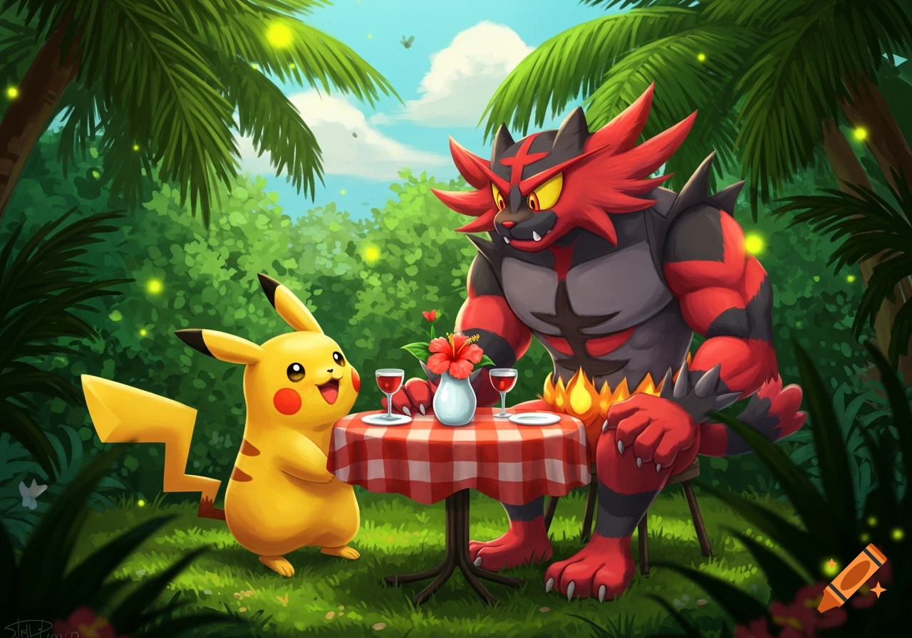 Pikachu and Incineroar on a picnic date at a checkered table in a vibrant, lush jungle setting. Cartoon illustration.