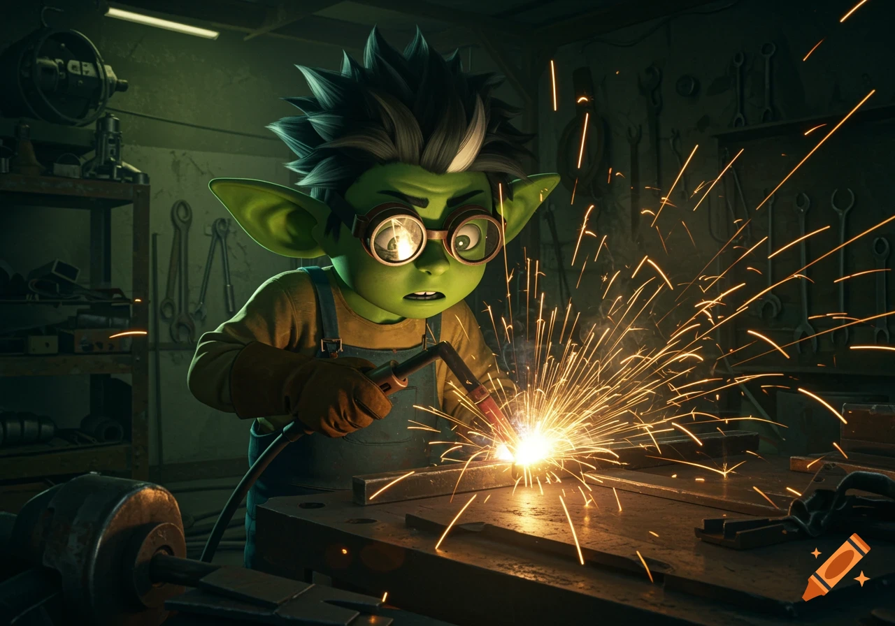 Anime-style green-skinned goblin boy with spiky hair and goggles welding metal in a workshop, bright sparks flying.