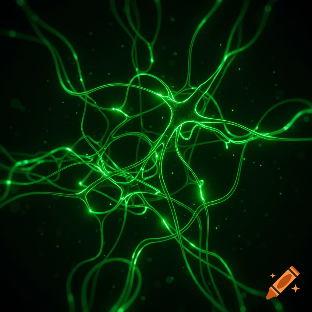 A glowing neon green network of interconnected lines and nodes against a black background, resembling neurons or a digital circuit.