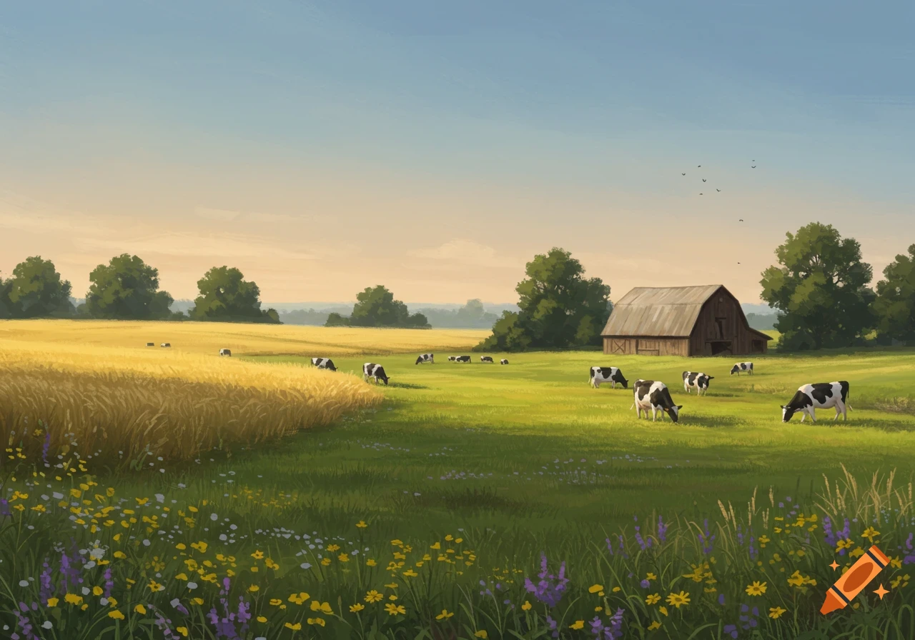 A painted landscape of a farm field with golden wheat and green grass, featuring a wooden barn and several black and white cows grazing under a clear sky.
