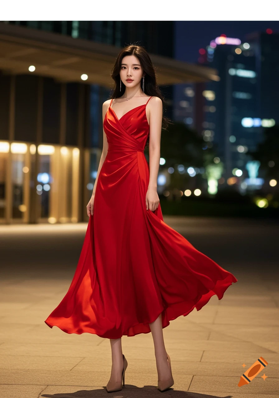 A tall woman in a flowing red dress and high heels stands on a city street at night, with blurred city lights in the background. Photorealistic style.