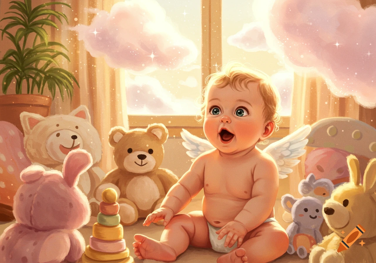 Cute baby with blonde hair and blue eyes, wearing a diaper and small white wings, sitting among plush toys.