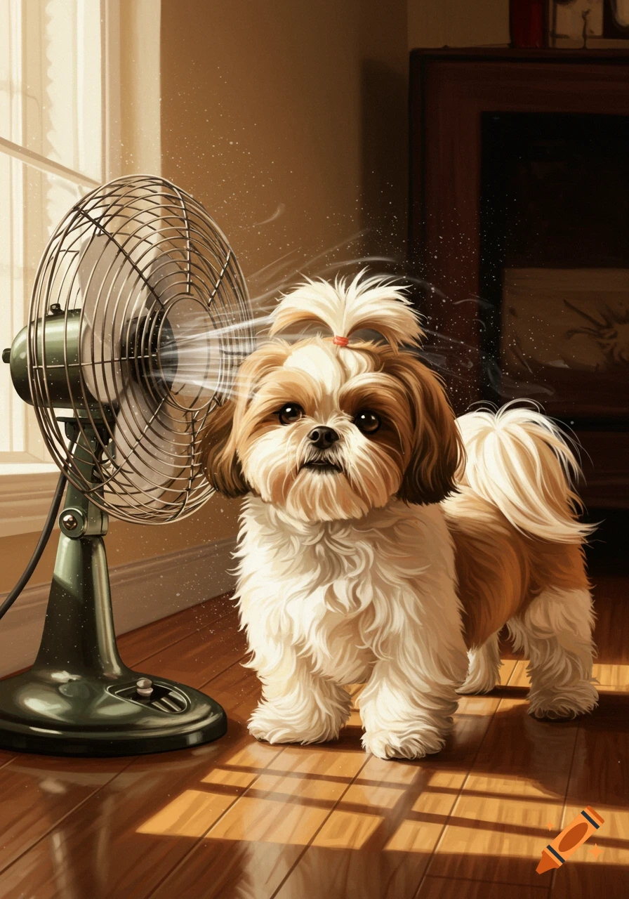 A brown and white Shih Tzu dog stands on a wooden floor in front of a green vintage fan, with sunlight streaming in.