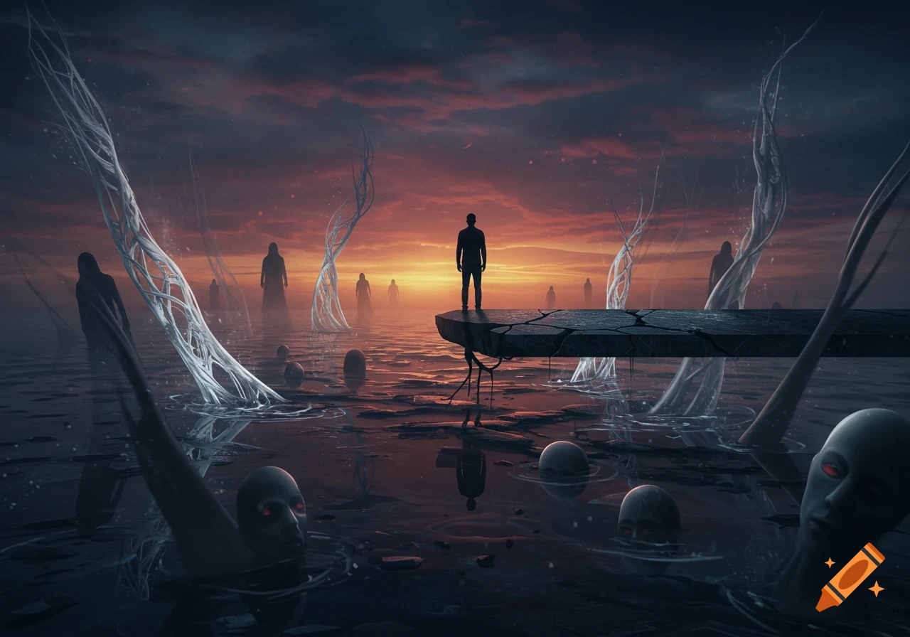 A lone figure stands on a broken platform in dark water under a red sunset, surrounded by shadowy forms and ghostly heads.