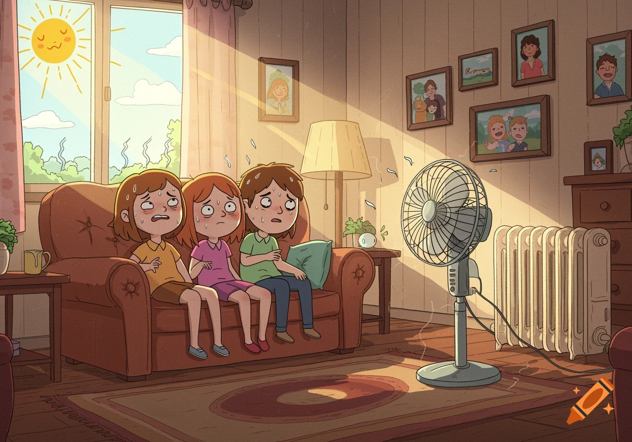 Three cartoon people sweat on a sofa in a sunny living room with a standing fan.