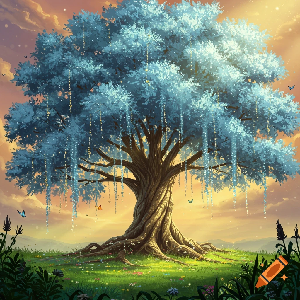 A large fantastical tree with luminous silvery blue leaves and shimmering golden tendrils in a lush field under a vibrant sunset.