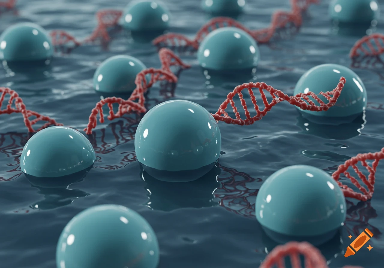 Light blue reflective spheres and red DNA strands floating on a rippling dark liquid surface, a close-up scientific illustration.