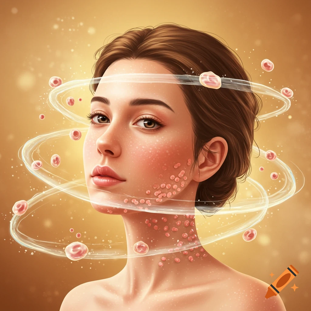 Illustrative portrait of a woman's face and upper body, with glowing pink particles representing shedding skin cells and light swirls.
