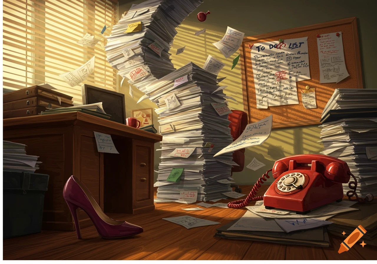 A stylized, messy office scene with a towering, teetering pile of papers, a red rotary phone, and a purple high heel shoe on the wooden floor. A corkboard with an illegible "TO DO LIST" hangs on the wall, partially obscured by light from blinds.