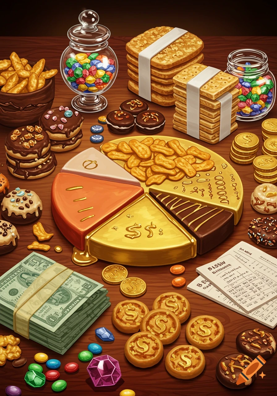 A tabletop still life featuring various snacks like cookies, crackers, and candy alongside stacks of money, gold coins, and an accounting ledger, combining food and finance themes.
