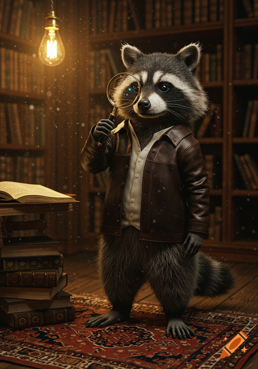 A photorealistic anthropomorphic raccoon in a leather jacket holds a magnifying glass in a dimly lit library.