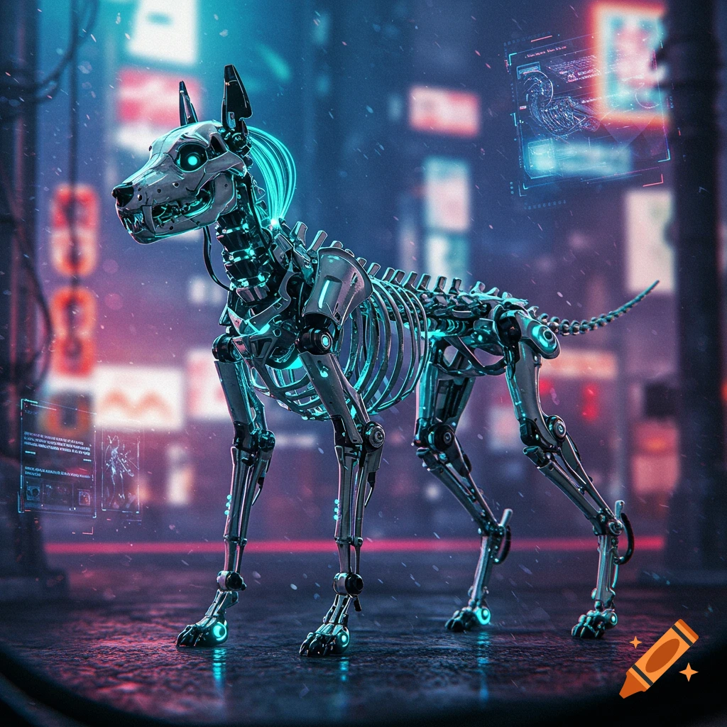 A futuristic robot dog skeleton with glowing blue lights stands on a wet street in a neon-lit cyberpunk city.
