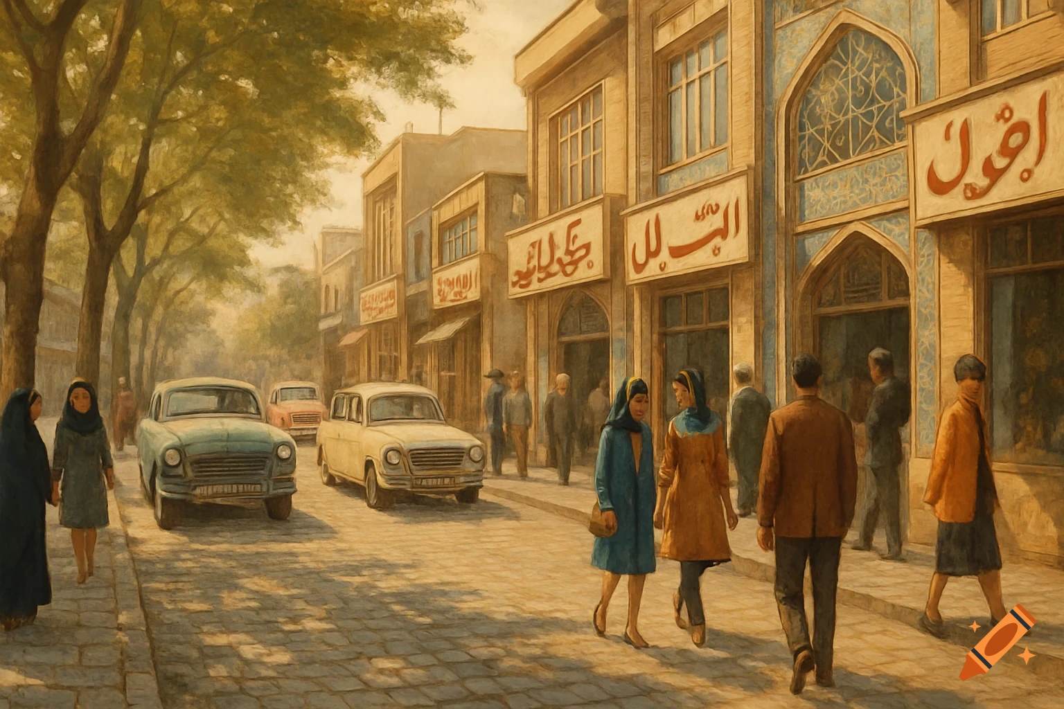 Oil painting of a 1960s-70s Iranian street scene with vintage cars, people, old shop signs, and trees, in warm, faded colors.