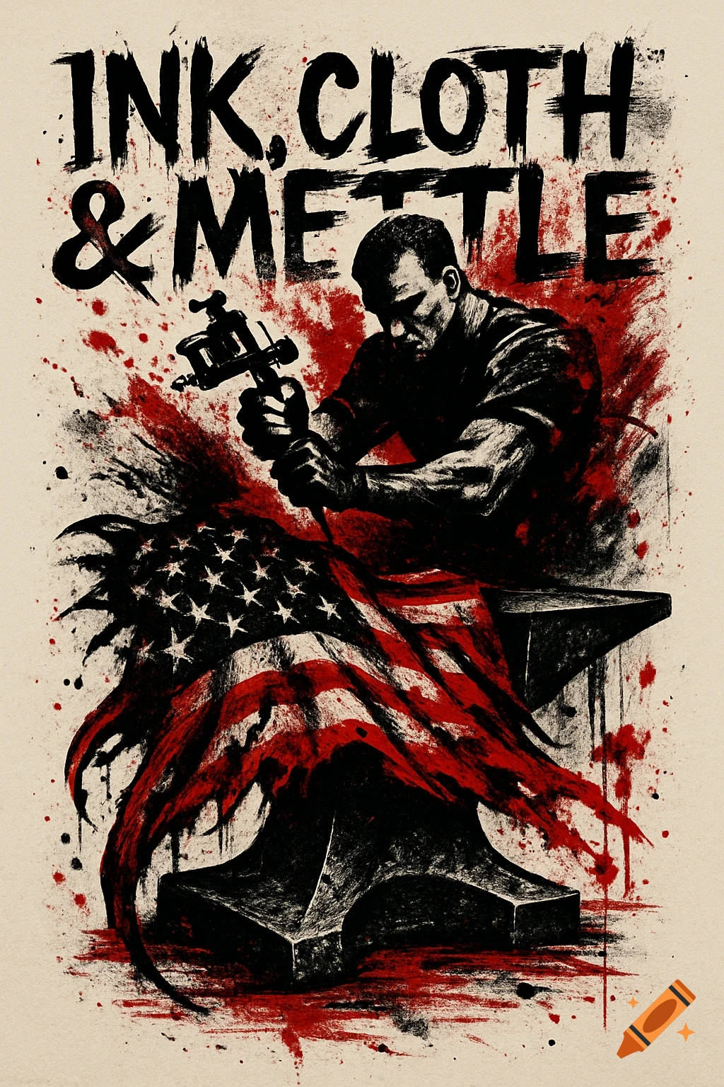 High-contrast grunge art of a tattooist above a distressed American flag on an anvil, with 'INK, CLOTH & METTLE' text.