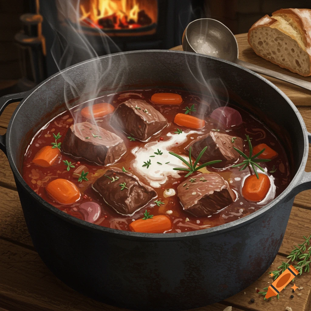 A steaming cast iron pot of beef stew with carrots, herbs, and a dollop of cream, on a wooden table near a fireplace.