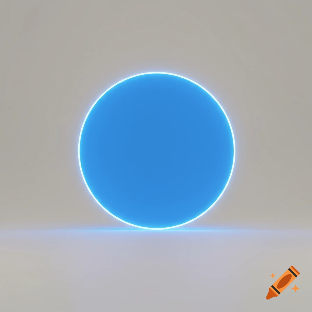 A glowing blue circle with a neon outline stands upright on a light gray surface, against a light gray background.