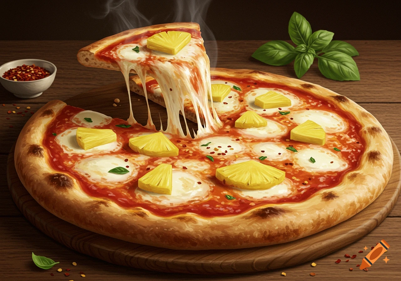 Photorealistic pineapple pizza with a slice being lifted, showing melted cheese pull, on a wooden surface.