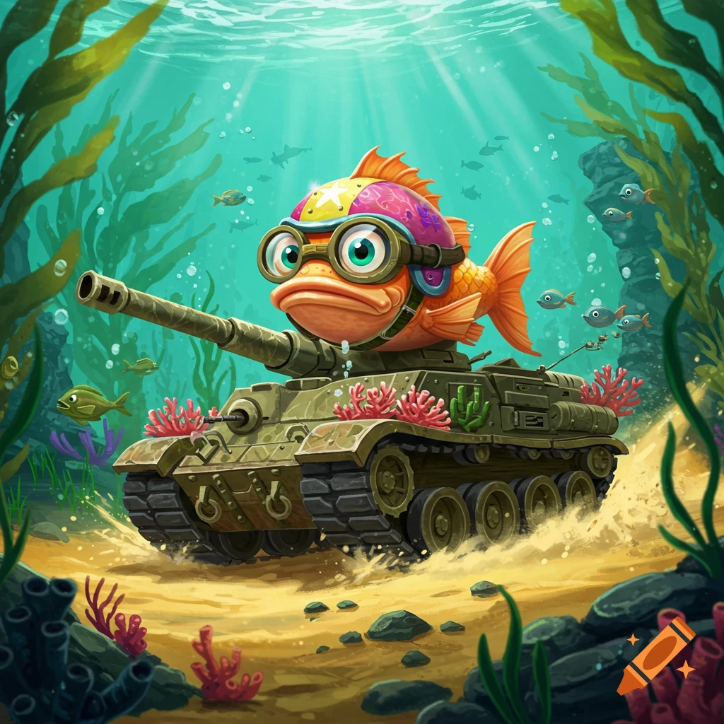 A cartoon fish wearing goggles and a helmet drives a battle tank underwater, surrounded by seaweed and small fish.