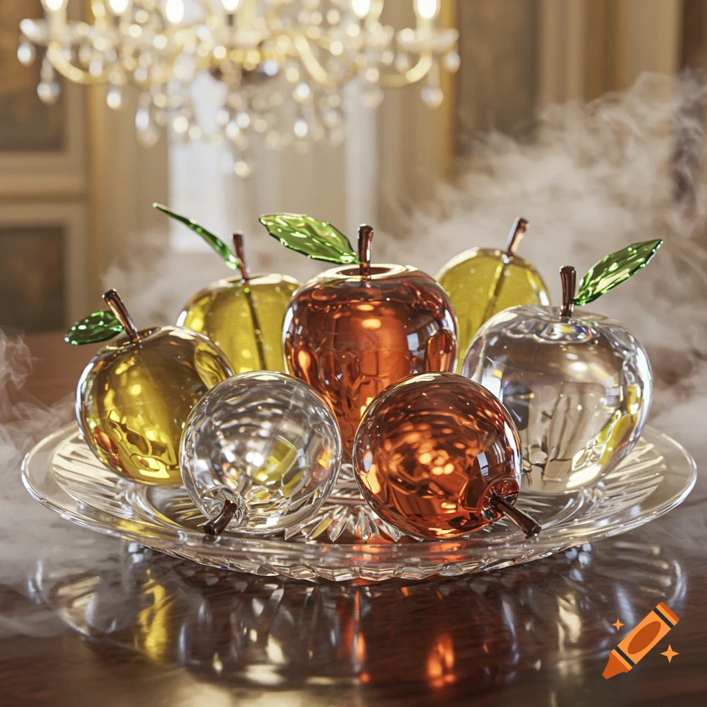 A crystal clear tray holds multiple reflective glass apples and spheres in various colors, set against a blurred ornate interior.