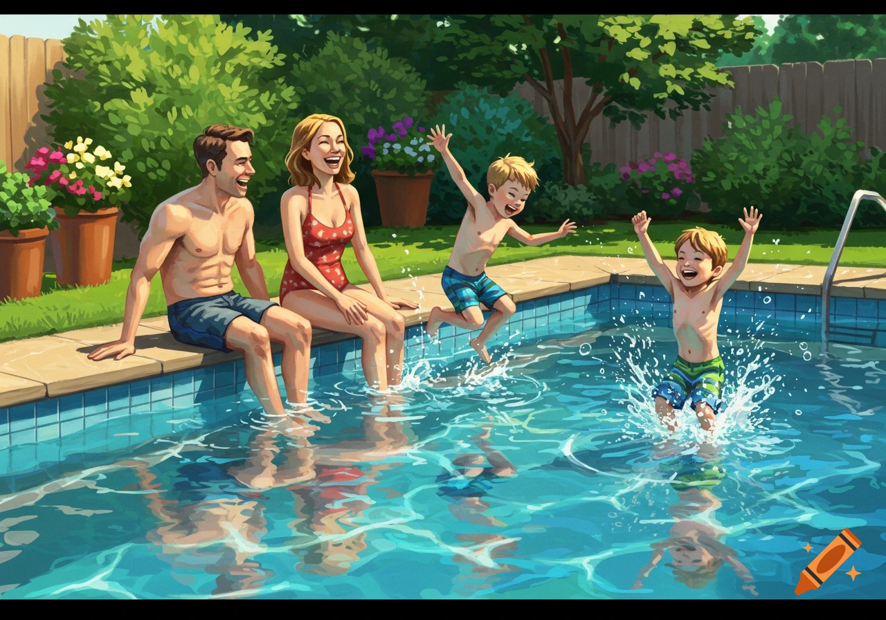Illustrative scene of a family with two sons happily enjoying a sunny day by a backyard swimming pool.