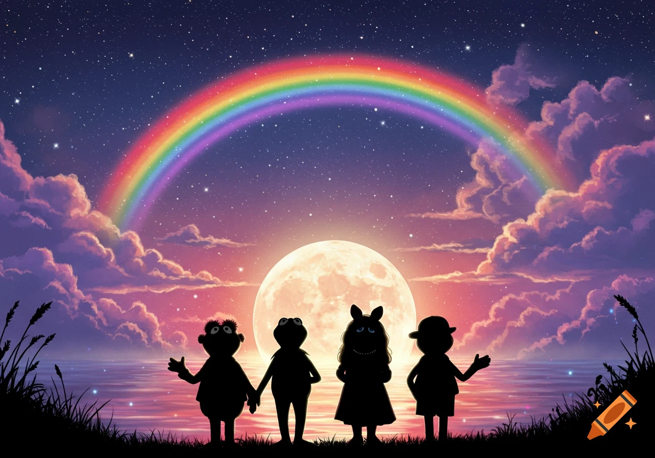 Silhouettes of four Muppet-like characters stand by water under a starry night sky with a full moon and a vibrant rainbow.