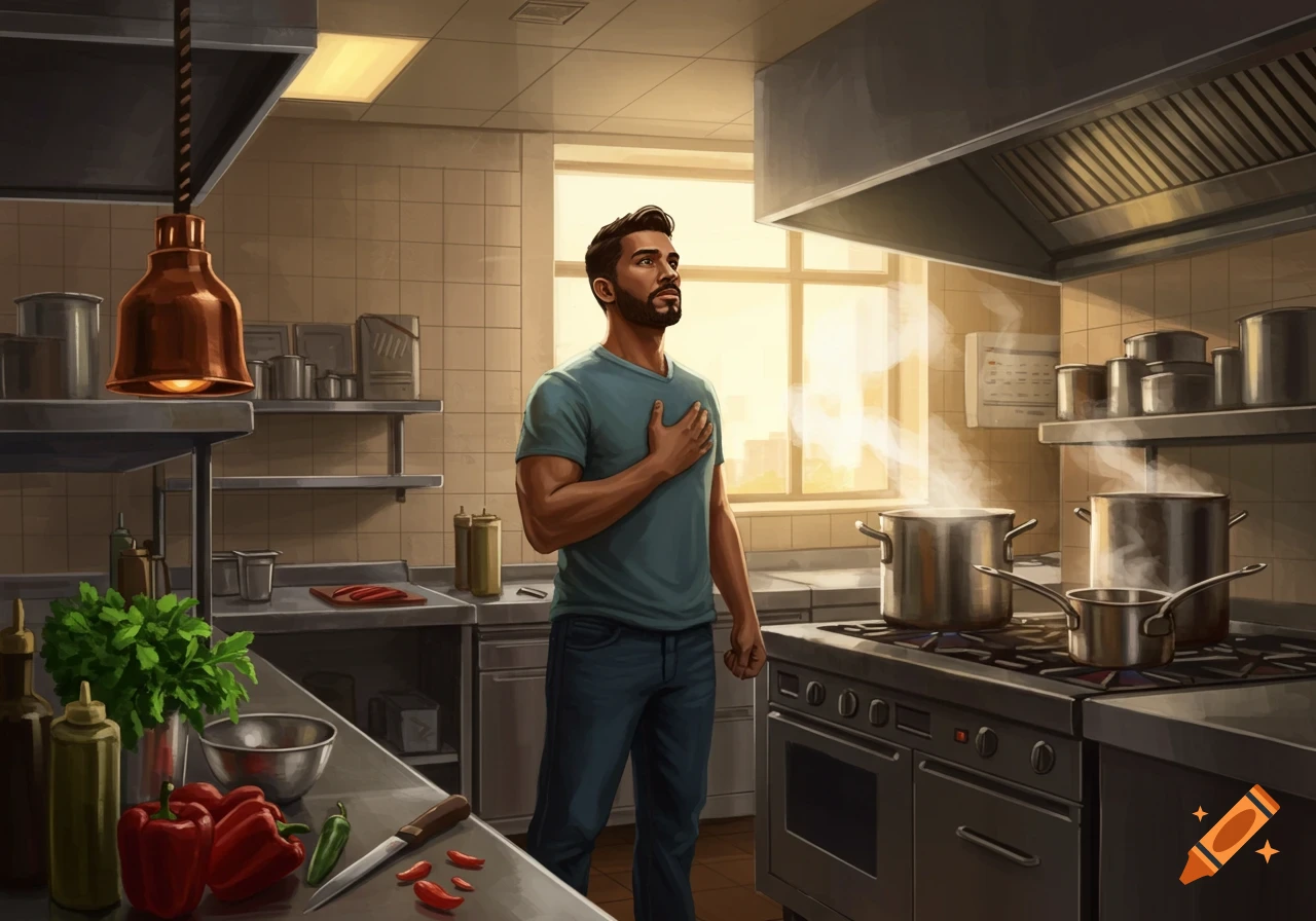 An illustrative image of a man with his hand on his chest, looking up in a commercial kitchen with steaming pots on the stove.