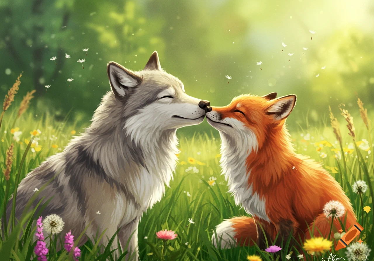 An illustration of a grey wolf and a red fox nose-to-nose in a sunny, green field with wildflowers.