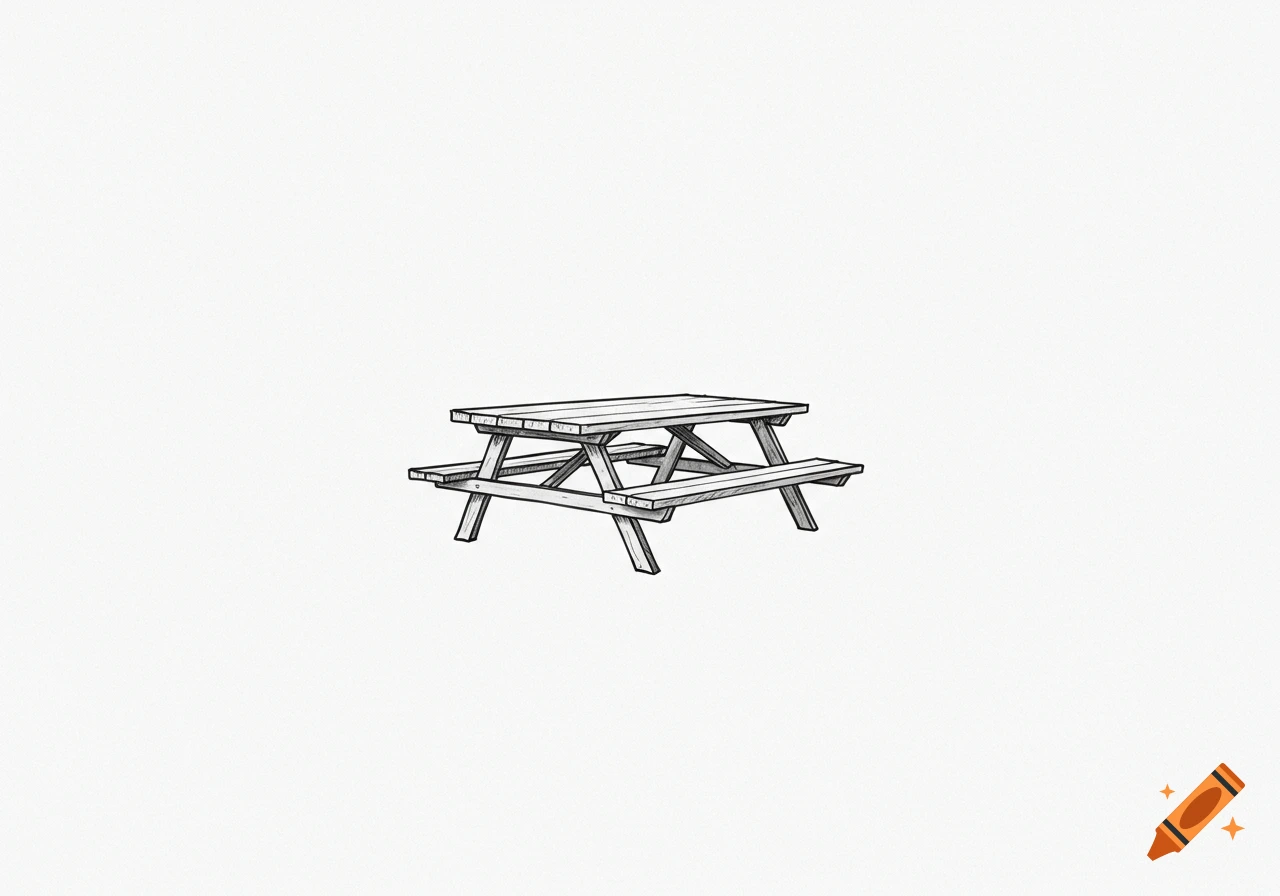 A simple black and white line drawing of a wooden picnic table on a plain white background.