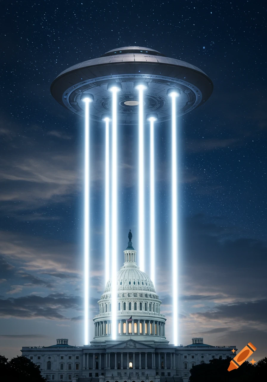 A metallic UFO hovers above the US Capitol building at night, emitting bright light beams towards the dome.