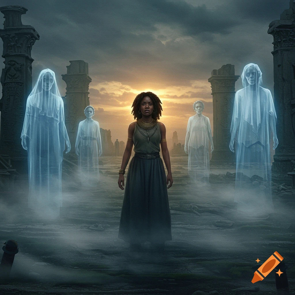 A woman stands in ruins surrounded by four translucent ghostly figures at sunset, in a digital art style.