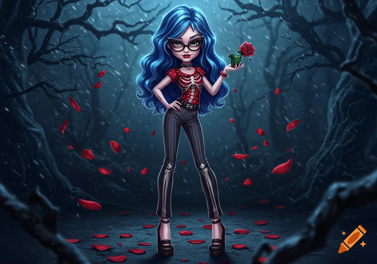 A gothic cartoon girl with blue hair and glasses stands in a dark forest, holding a rose, with red petals and snow falling.