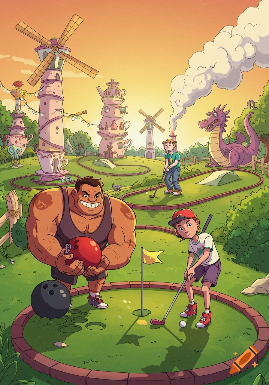 Cartoon of a man holding a bowling ball and a boy putting a golf ball on a whimsical mini golf course with teapot windmills and a dragon.