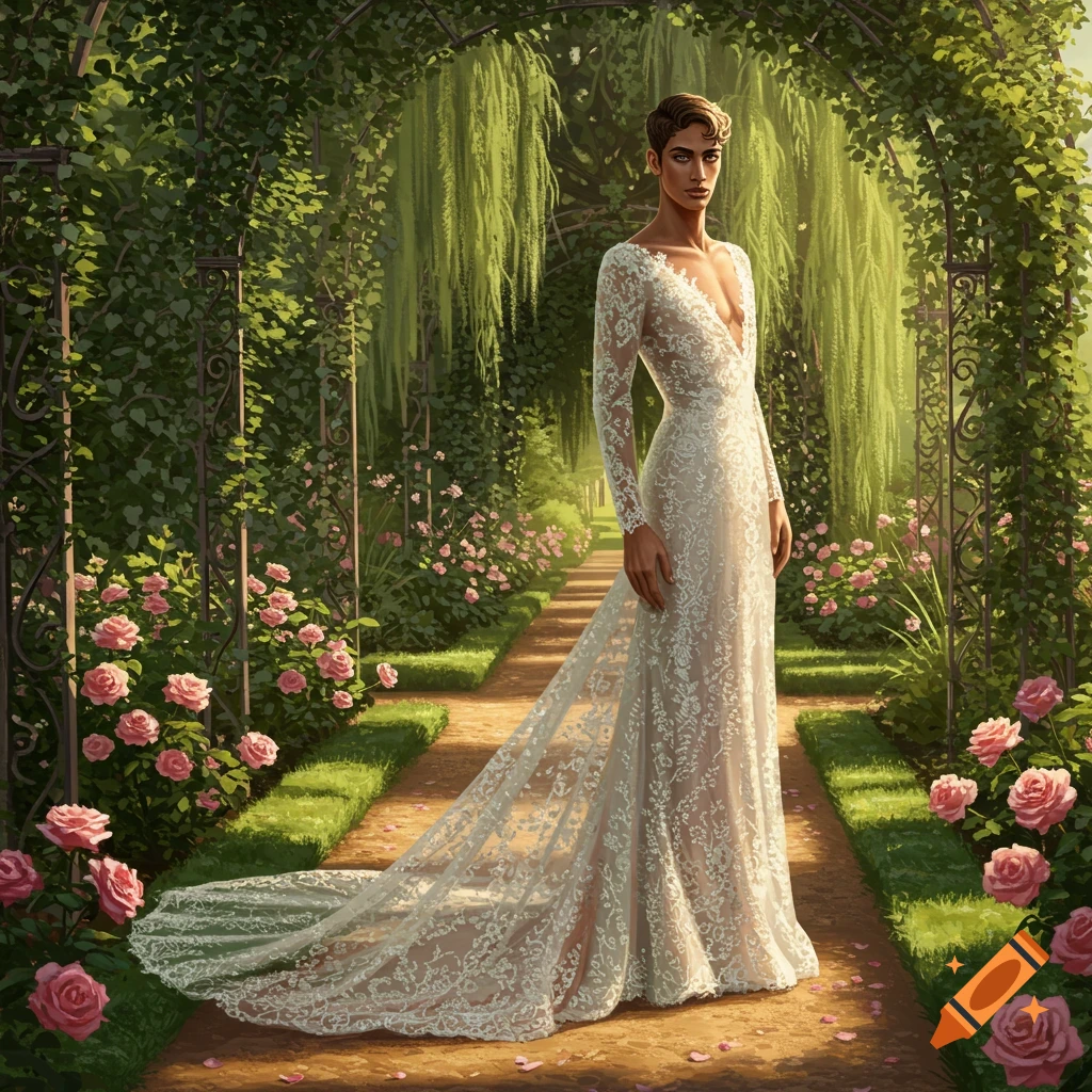 A person with short hair and an hourglass figure wears a long white lace wedding dress, standing in a sunny garden with rose bushes and a vine-covered archway.