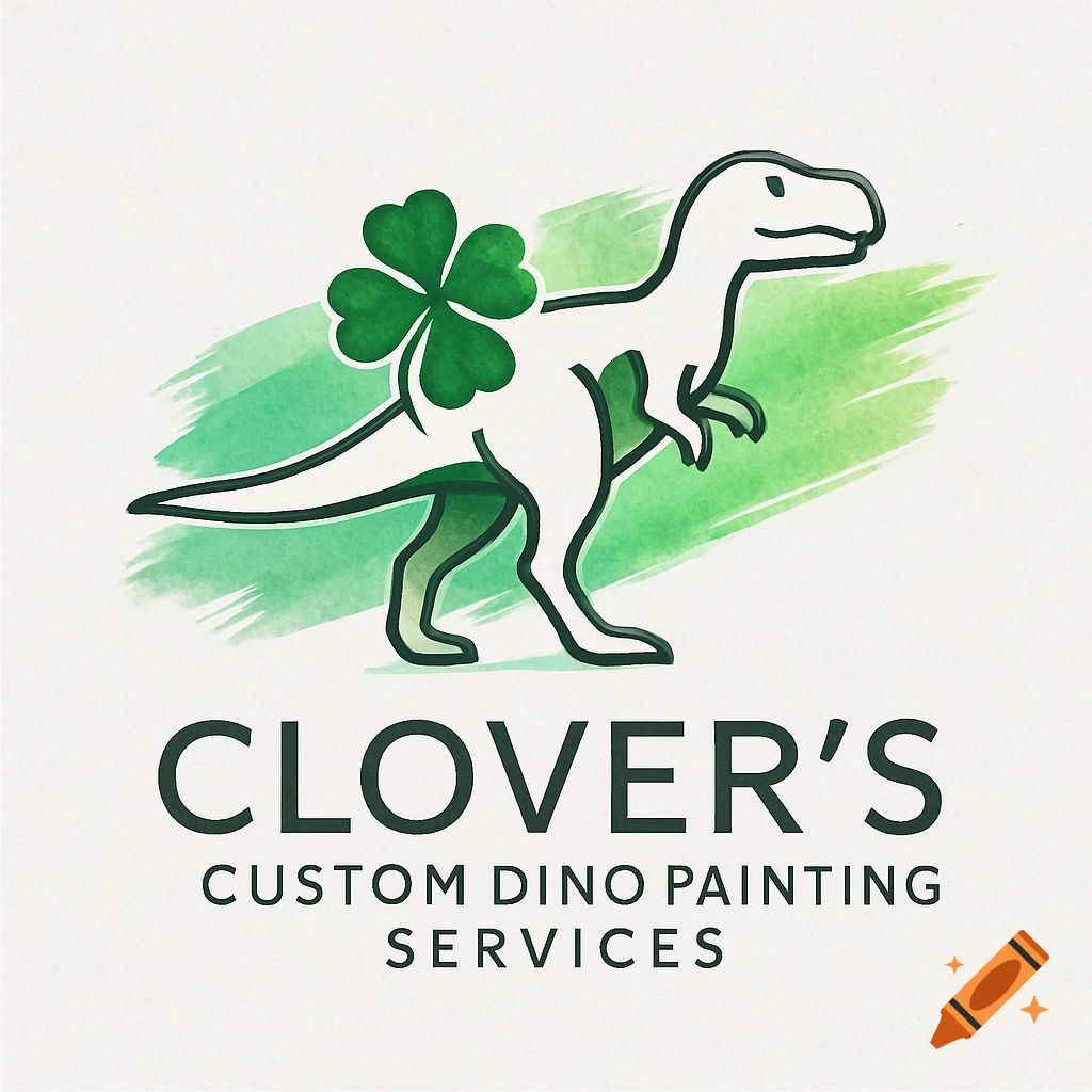 A white outlined dinosaur with a green four-leaf clover logo over a green watercolor background, with text: Clover's Custom Dino Painting Services.