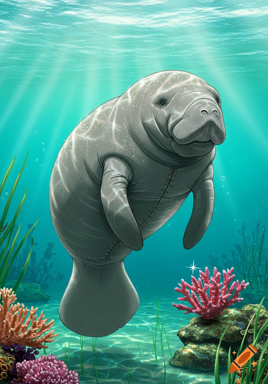 A cartoon manatee with shoe-like stitching swims underwater amidst coral and seagrass, illuminated by sun rays.