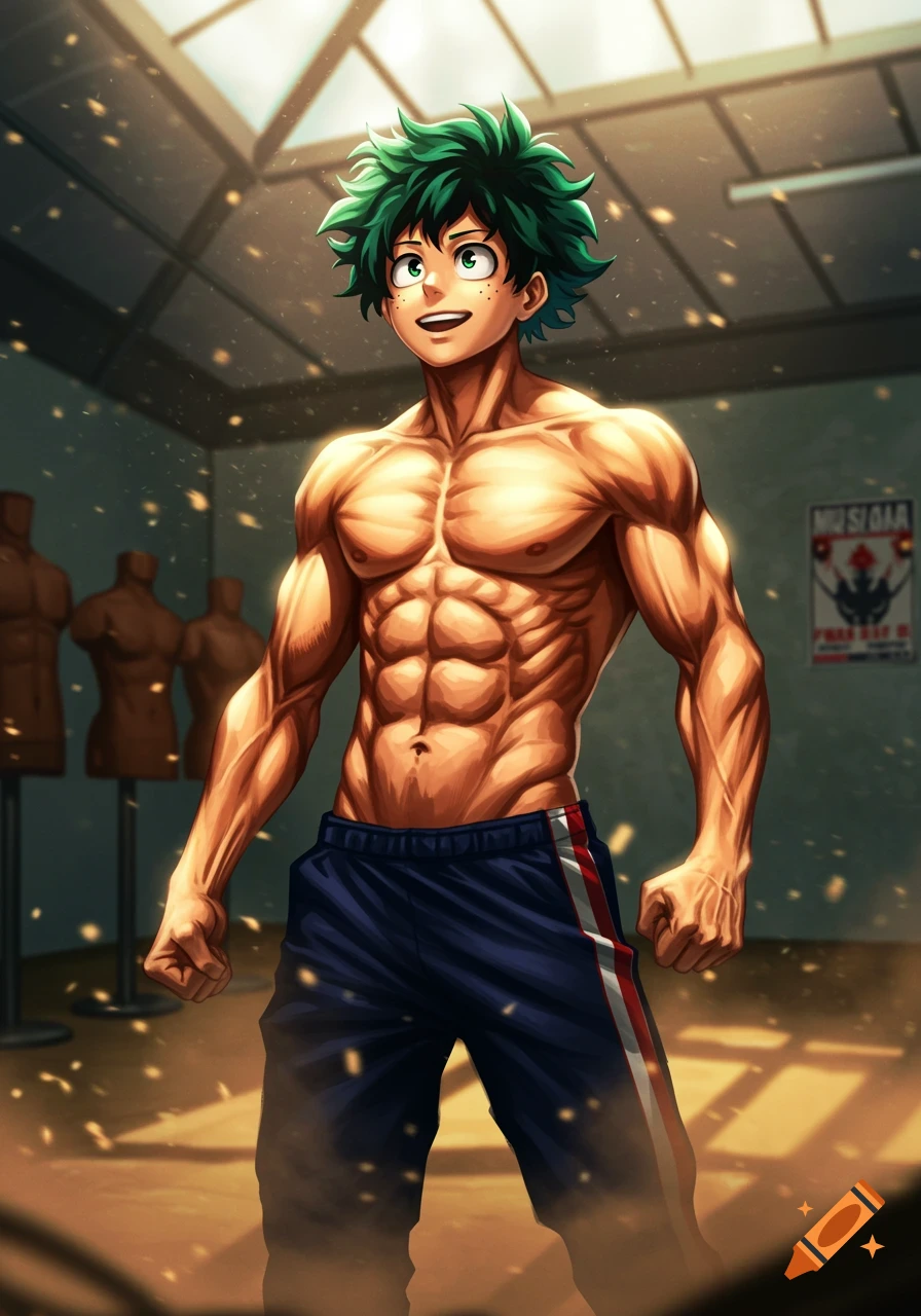 An anime illustration of Izuku Midoriya from My Hero Academia, shirtless with exaggerated muscles, in a bright gym setting.