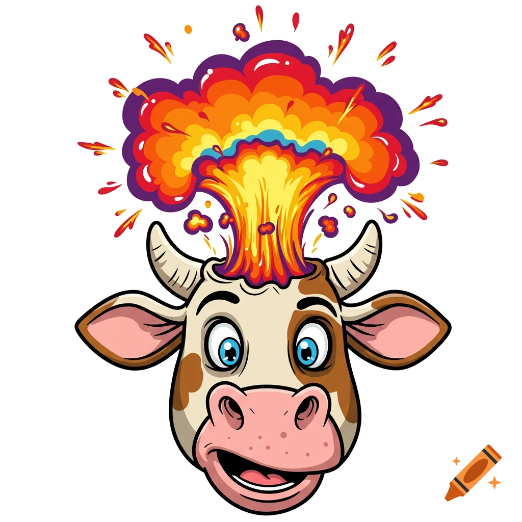 A cartoon cow's head with large eyes and a smile, with a colorful, stylized explosion bursting out of the top of its head.