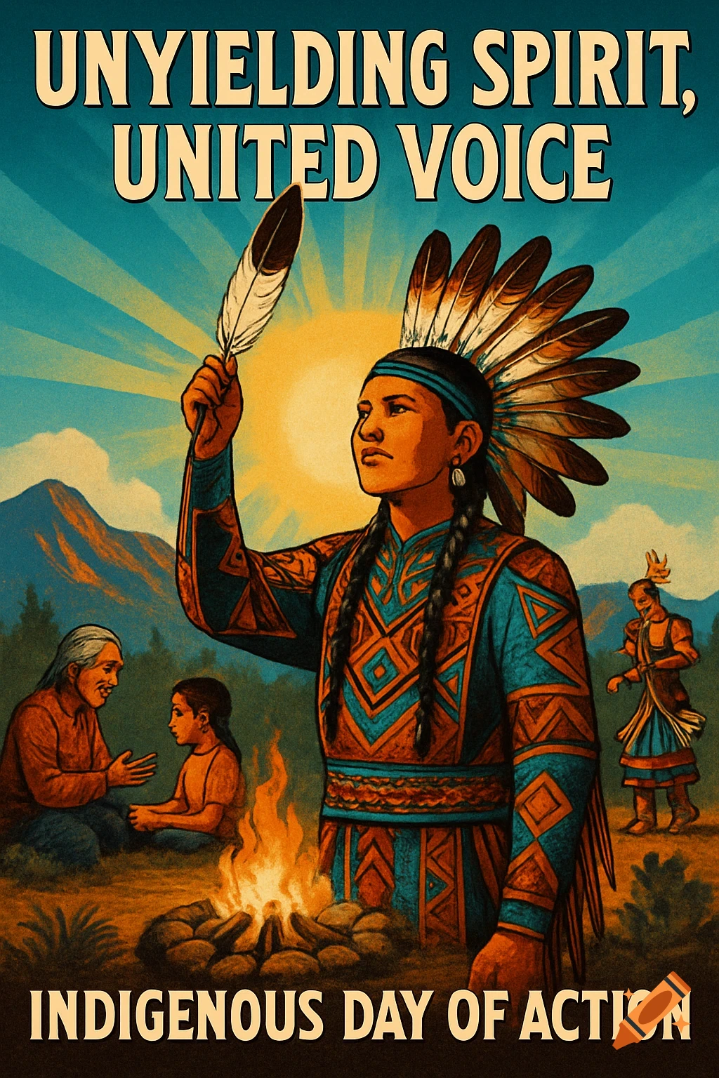 Vintage poster art of an Indigenous person in traditional wear holding a feather before a sunrise, with others by a campfire and mountains. Text: Unyielding Spirit, United Voice; Indigenous Day of Action.