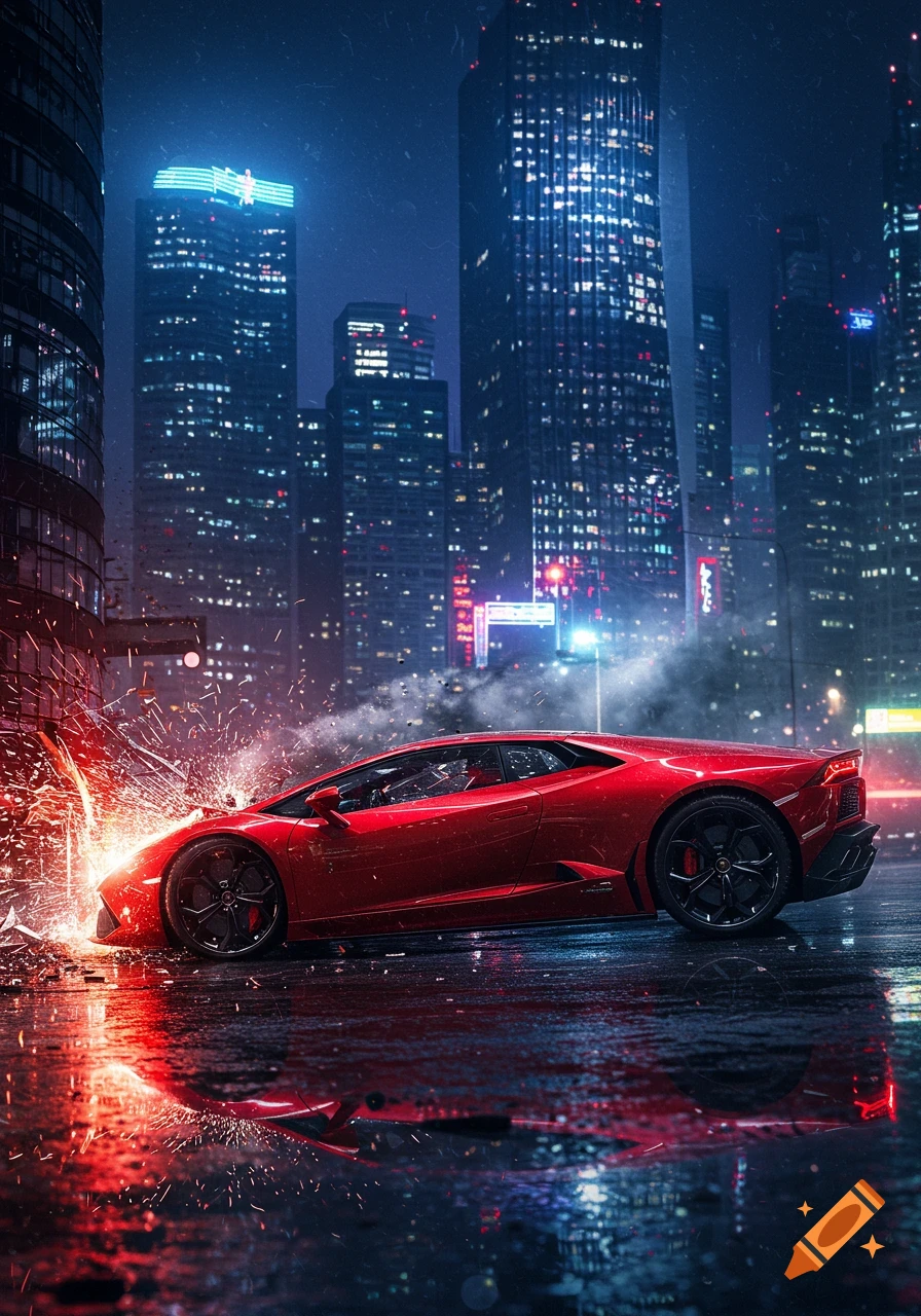 A red sports car crashes, sparking and shattering glass, on a wet city street at night with illuminated skyscrapers.
