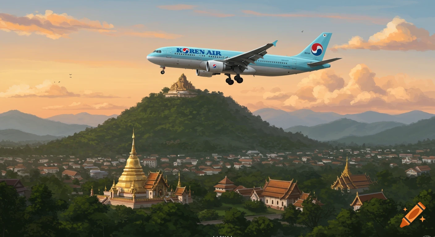 A Korean Air plane descends over a lush green city with golden temples and mountains at sunset.