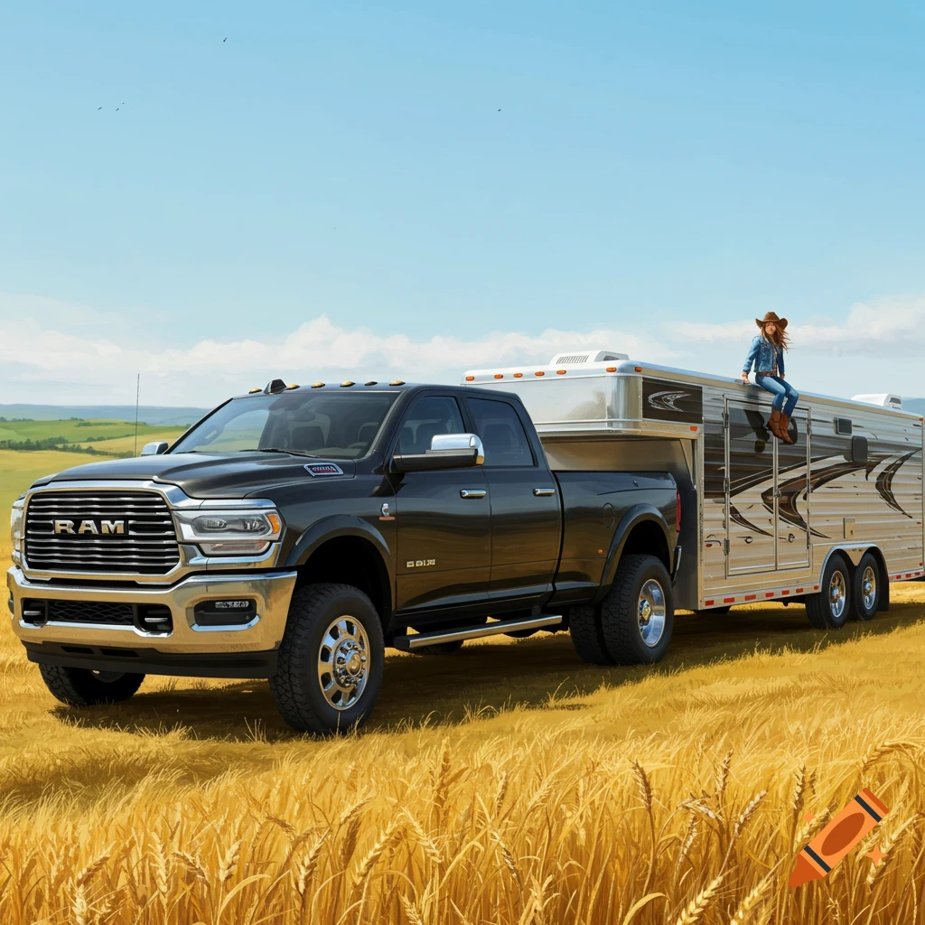 A dark gray dually Ram pickup truck with a silver gooseneck trailer, with a person in a cowboy hat sitting on the trailer, in a golden wheat field.