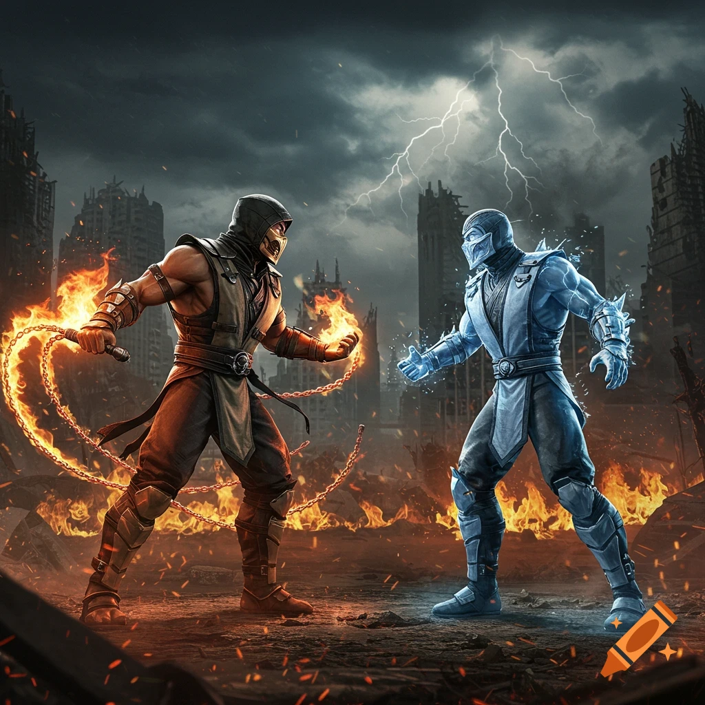 Scorpion and Sub-Zero face off in an apocalyptic city with fire, ice, and lightning.