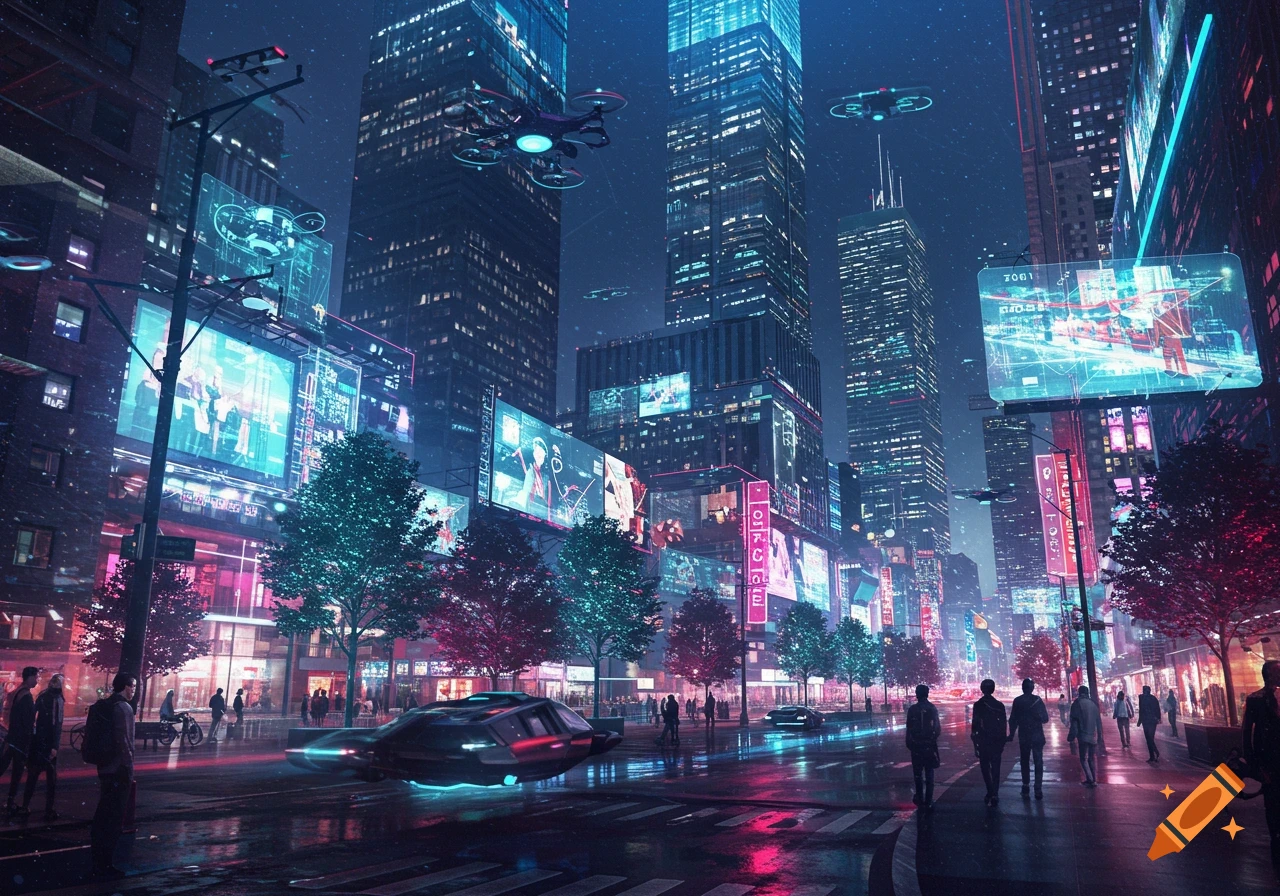 A futuristic city at night, with towering skyscrapers, flying vehicles, neon-lit billboards, and people on wet streets reflecting colorful lights.
