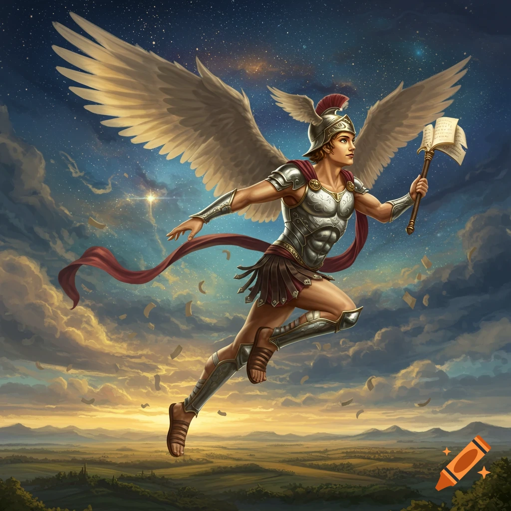 An armored winged figure, resembling the Roman god Mercury, flies through a cloud-filled sky holding a book, over a green landscape.