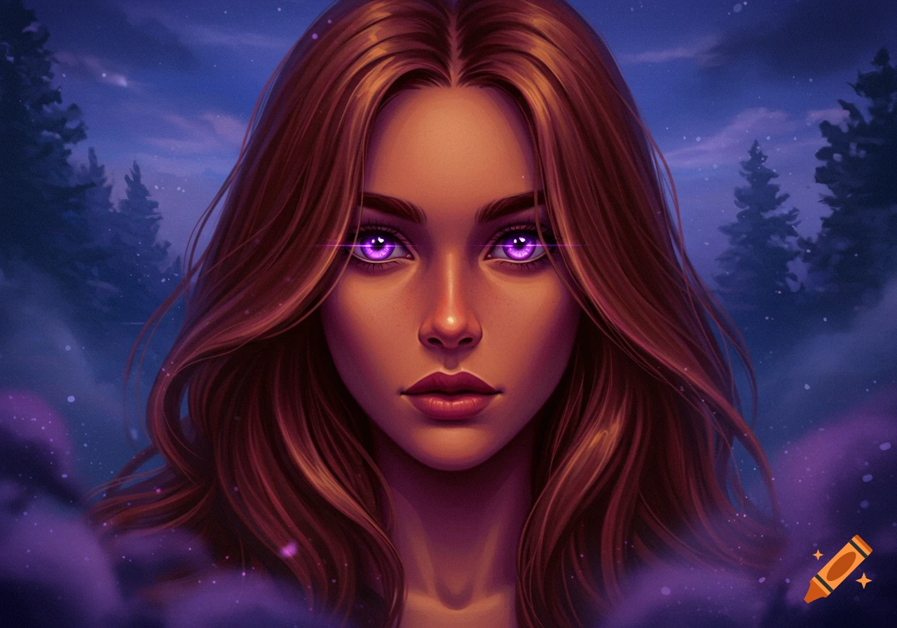 Close-up digital painting of a woman with long brown hair and glowing purple eyes, set against a dark forest at night with purple mist.
